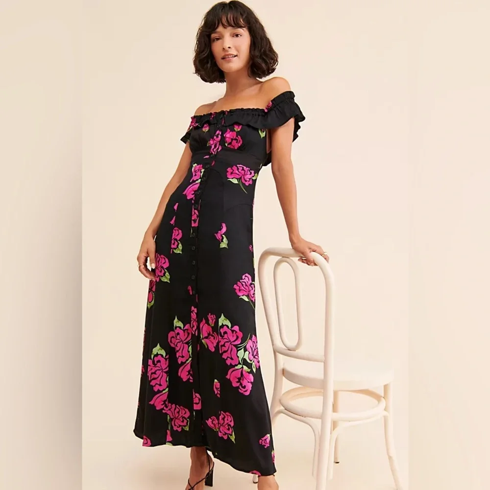 Free People Black and Pink Floral Midi Dress - Picture 2 of 13
